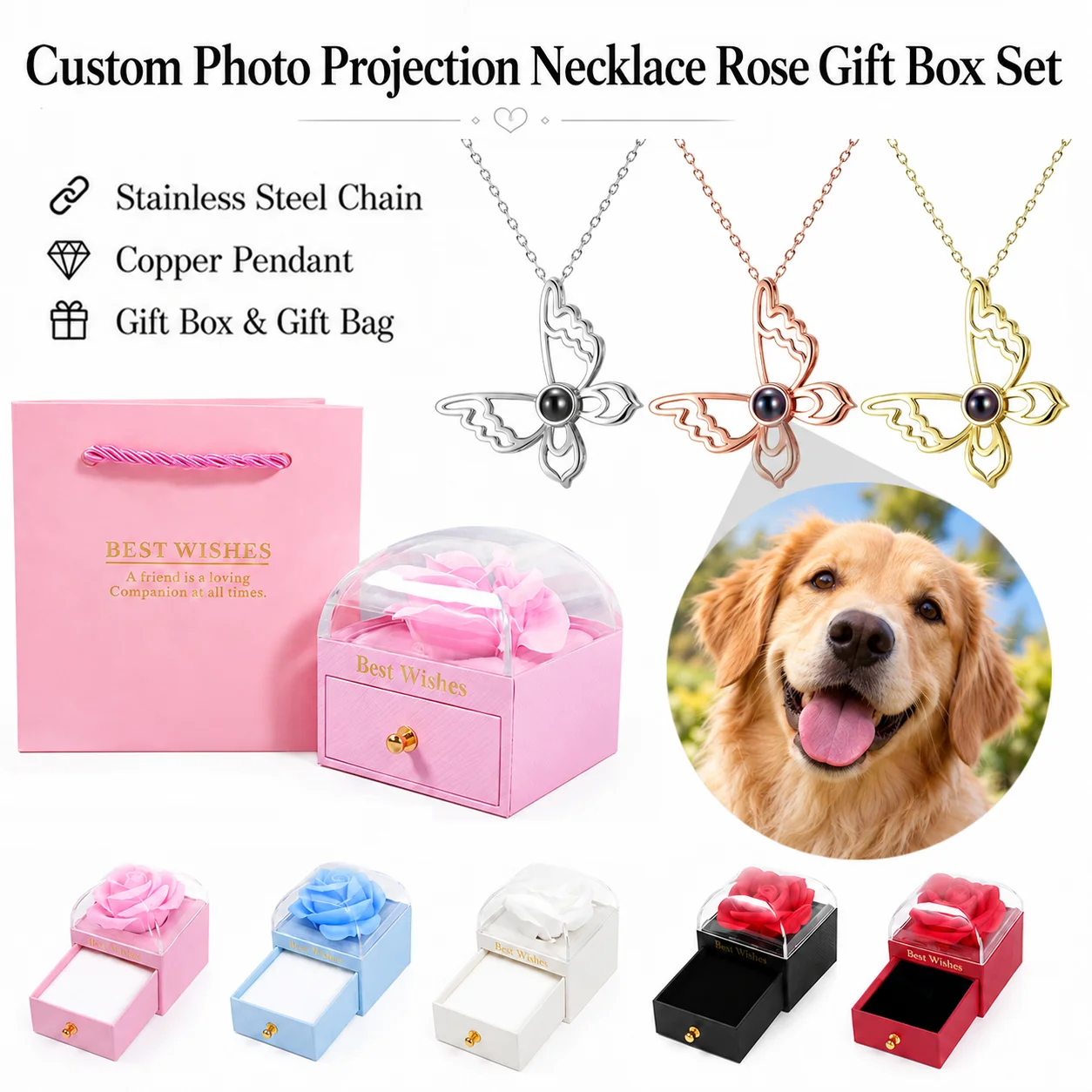 Custom Photo Projection Butterfly Necklace Rose Drawer Gift Box Stainless Steel Chain Mother's Day Valentine's For Women Jewelry