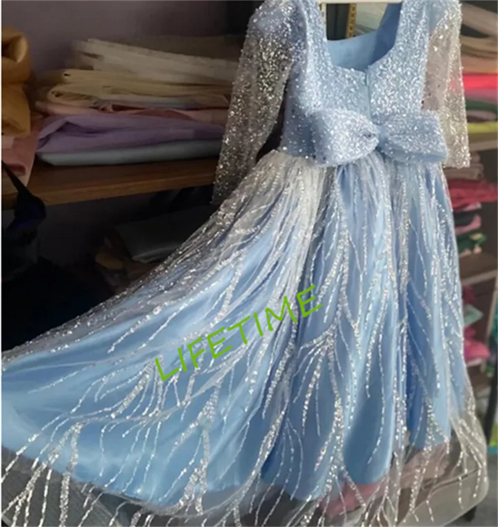 

Blue Flower Girl Dress Glitter Tulle Sequined Prom Gown Flower Girl Dress Custom Baby Frock Child Birthday Gown