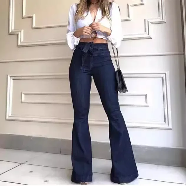 

Women's Spring/fall Fashion High-waisted, Hip-lift Lace-up Flared Slightly Flared Pants Jeans Solid Color Washed Wide-leg Jeans