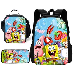 3 pcs set Cute For SpongeBobs Child School Backpack with Lunch Bags ,Pencil Bags ,School Bags for Boys Girls Best Gift