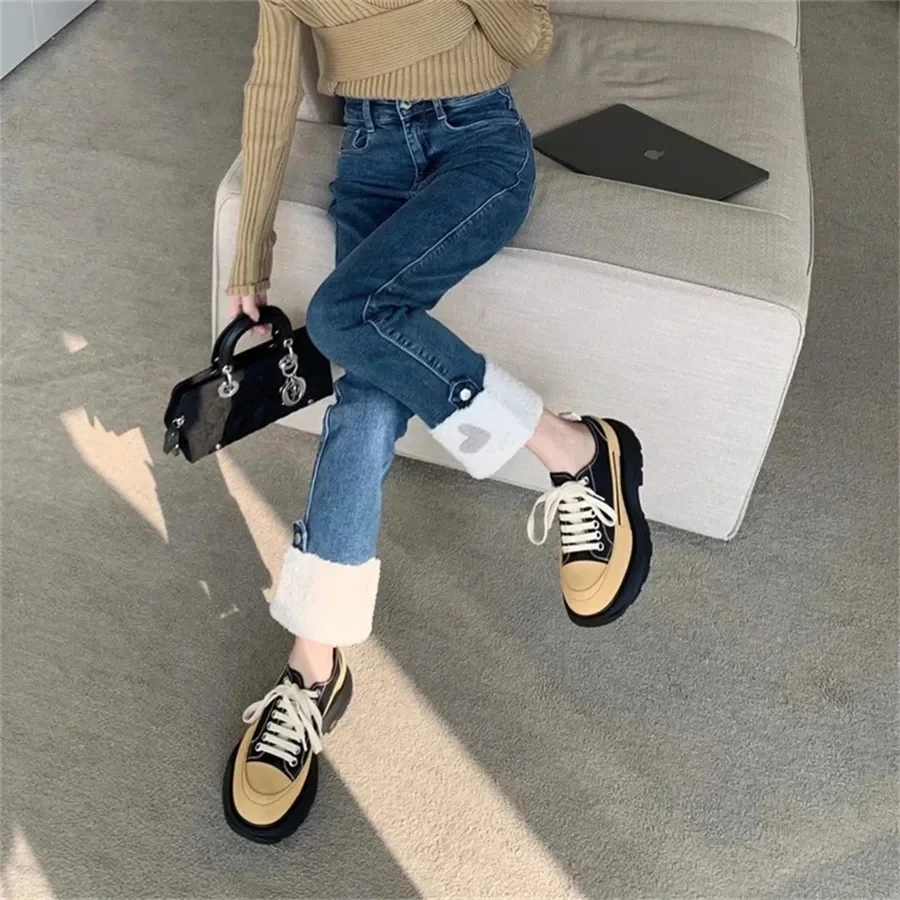 Sweet Thicken Plush y2k Jeans Women Winter Add Velvet Ankle Length Straight Vaqueros Korean Patchwork Warm High Waist Denim Pant