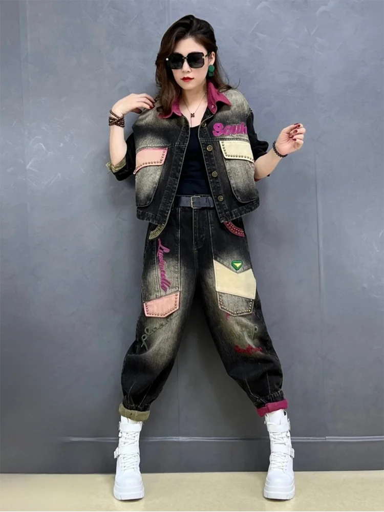 

Vintage Outfits 2024 Womens Printed Denim Two Pieces Sets Fashion Jackets Suits Classic Punk Jeans Loose Pants