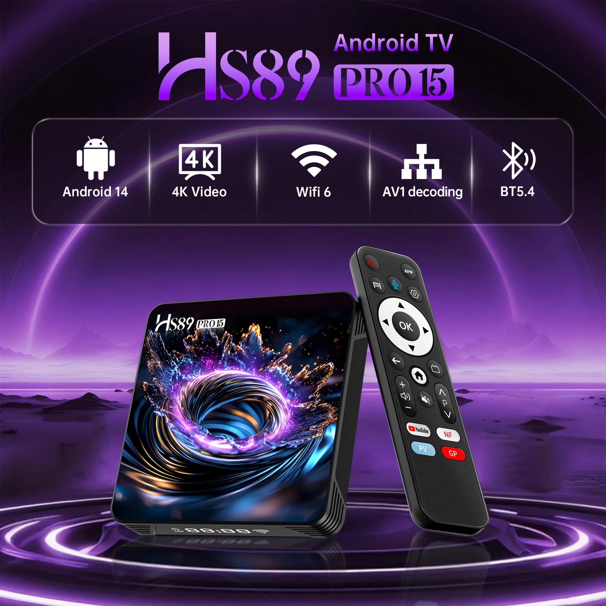 Boîtier TV intelligent HS89 PRO 15 RK3539 Android 14.0 avec certification YouTube, 4K HDR10, assistant vocal BT, télécommande, LAN 100M, Wifi6, BT5.4