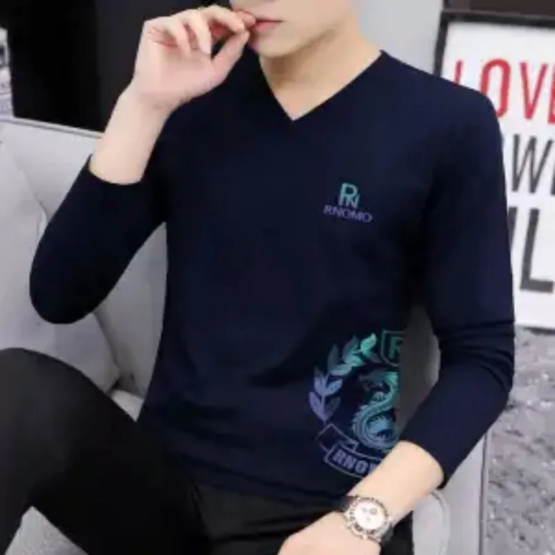 جديد الرجال طويلة الأكمام تي شيرت مطبوعة الربيع والخريف سليم القطن الأبيض قاع قميص الخامس الرقبة الأعلى