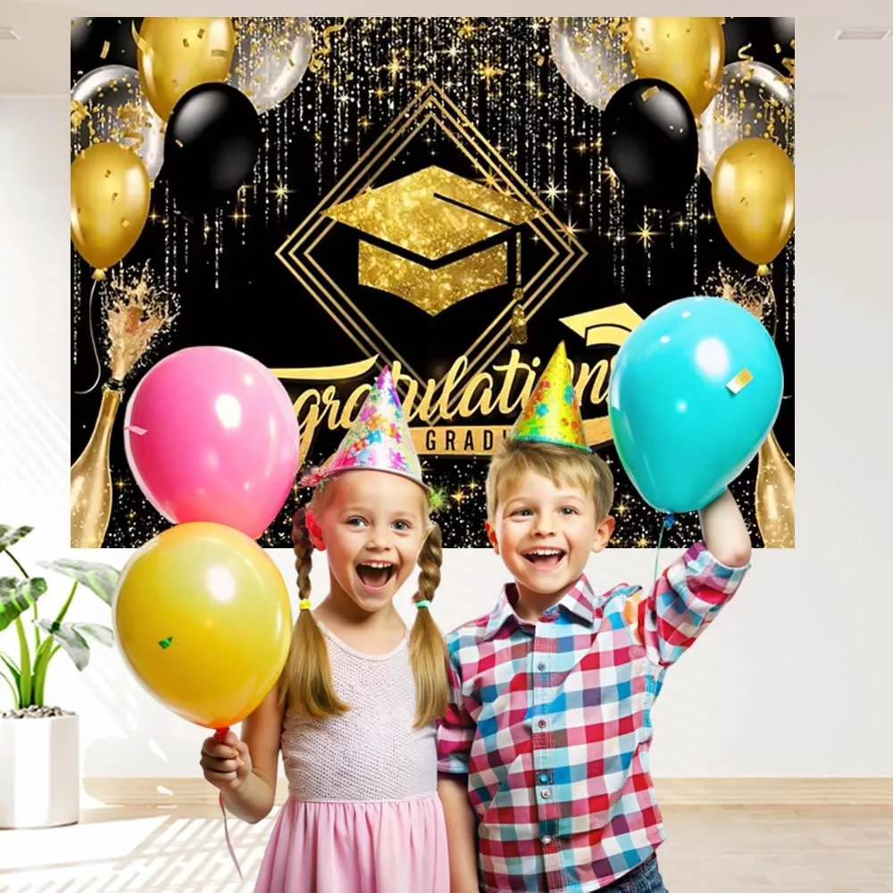 Hintergrund für Abschlussfeiern, Klasse von 2025, Glückwunsch, Absolventen, goldener Glitzer, Ballon, Glückwunsch, Absolventenfotografie-Hintergrund