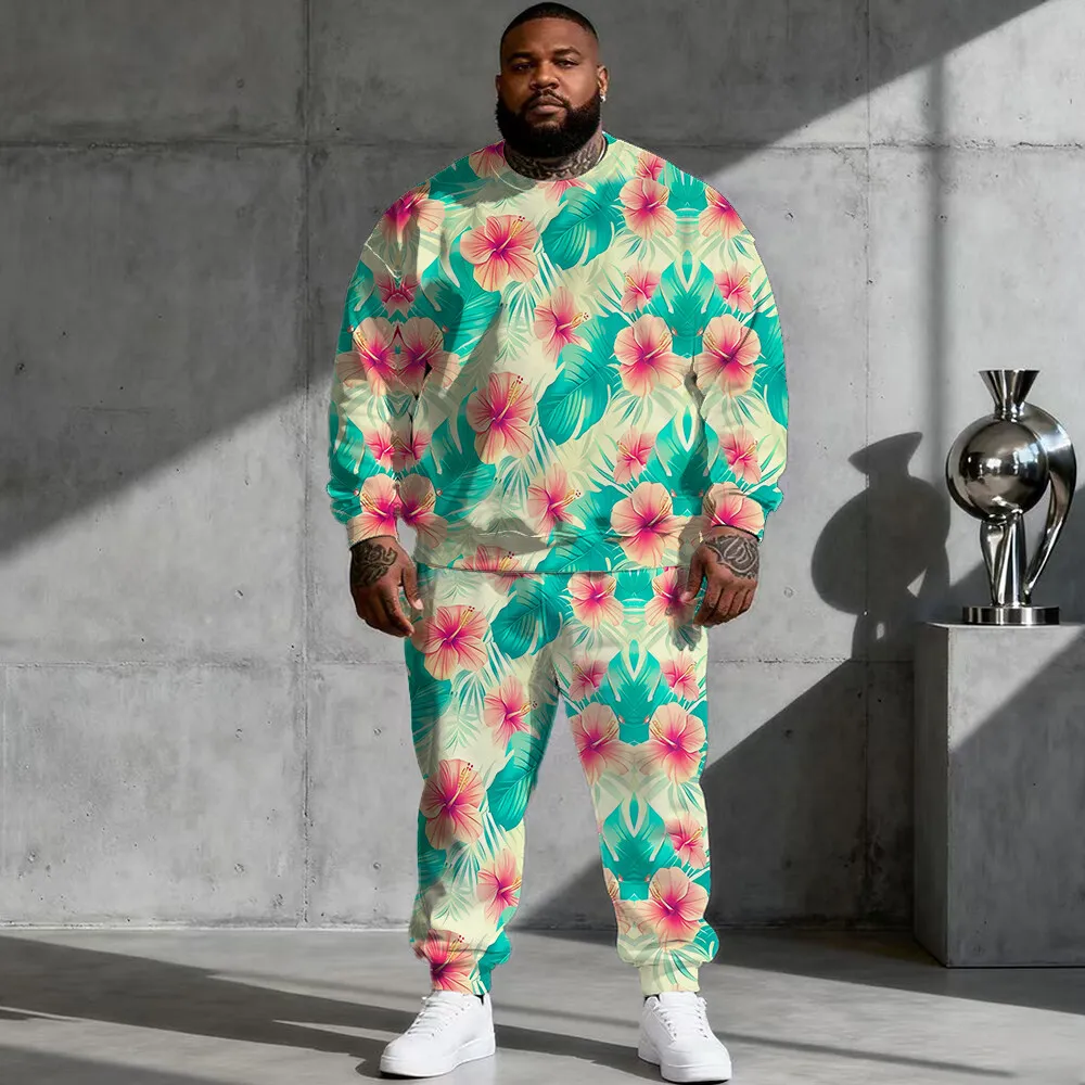 

S-9xl plus size Men's Hoodie Set: Floral Edge - 2-Piece Modern-Chic, Soft Warm Fabric, Minimalist Bloom Printsl G