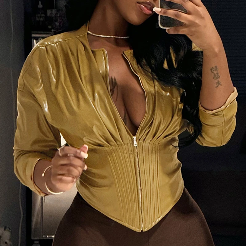 

Куртка-корсет BKLD 2026: Весенняя, зеленая, с молнией, длинными рукавами, драпировкой, круглым вырезом, из искусственной кожи, укороченная, для уличного стиля