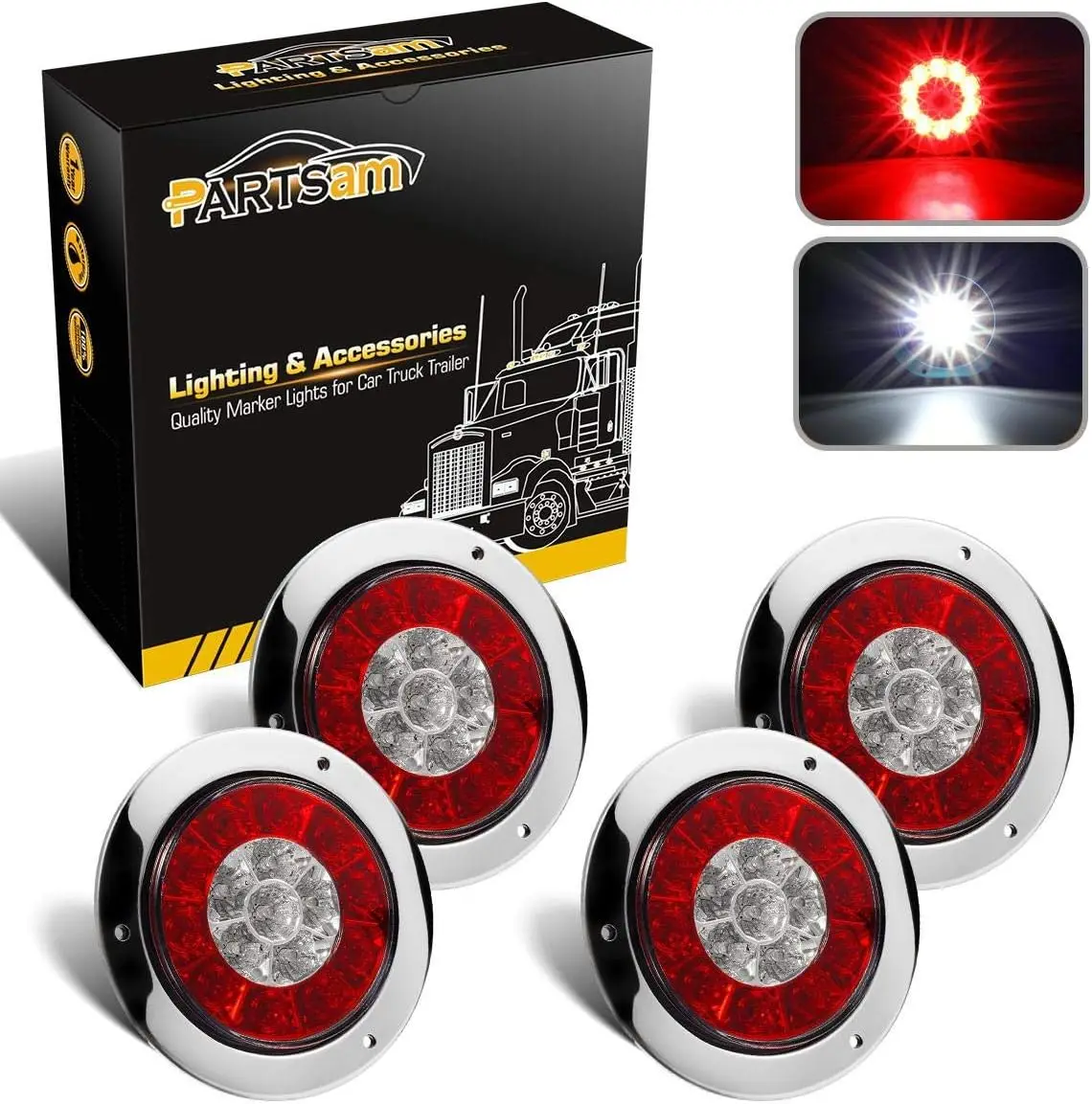 

4Pcs 4' Round LED Trailer Tail Lights White Red Flange Mount 16LED DC12V Waterproof Stop Brake Tail Running Reverse Backup Light