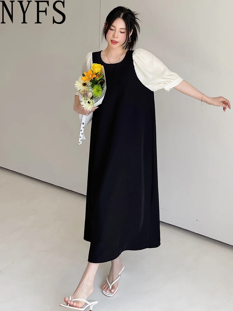 NYFS 2025 صيف جديد فضفاض حجم كبير فستان امرأة Vestidos رداء Elbise وهمية قطعتين المرقعة كم الدهون ملم فستان طويل #1
