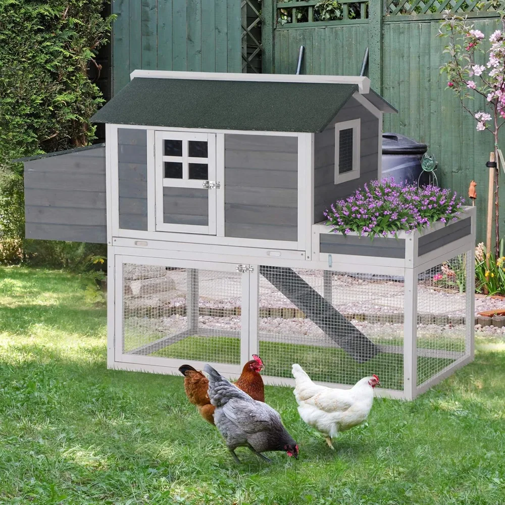 

63" Wooden Chicken Coop Hen House Poultry Cage for Outdoor Backyard with Raised Garden Bed, Run Area, Nesting Box and Removable