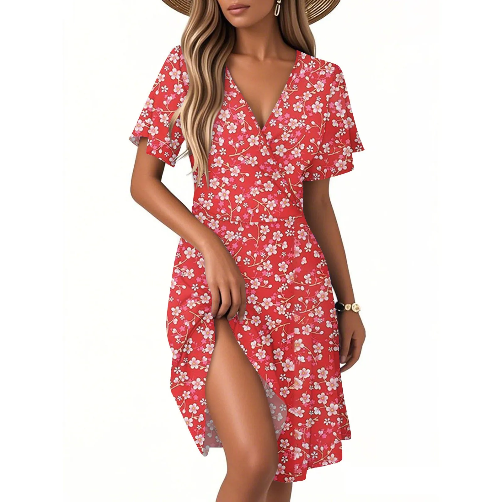 Dames bedrukte bloemen korte mouwen lange jurk V-hals sexy casual losse elegante jurk strand Hawaiiaanse vakantiejurken vrouwelijk