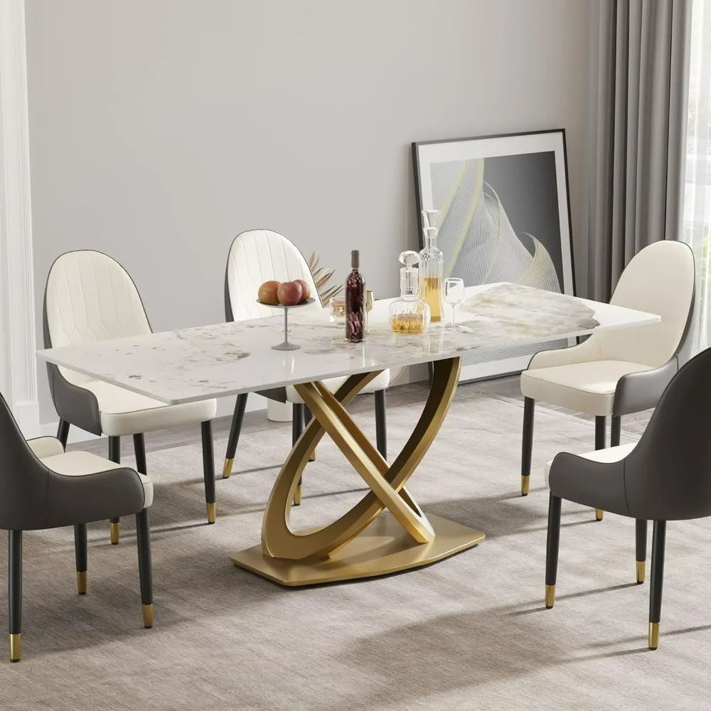 

Kitchen Dining Table for 8, Multifuntional Office Meeting Desk, Sintered Stone Tabletop with Gold Metal Base, Dining Room Tables