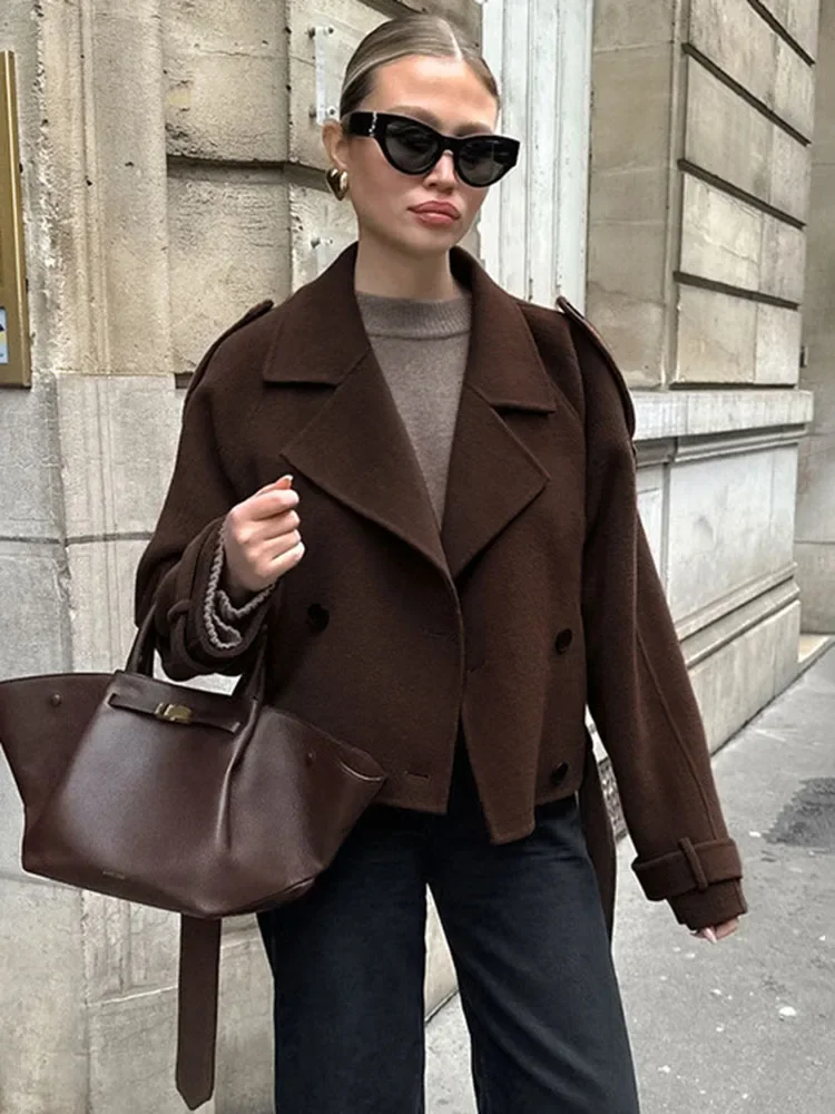 TARUXY Fashion Double Breasted Wool Coat Office Lady Lapel Brown Retro Short Jackets Loose Solid 2024 Fall Winter Female Outwear