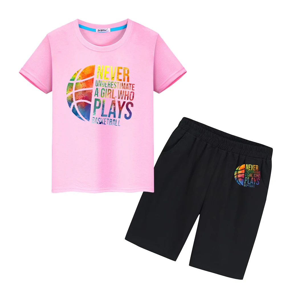 Basketball Print 100%Cotton T-shirt Sports Sets Summer Cute Tees Tops+shorts Kawaii Tshirts boys girls clothes kid holiday gift