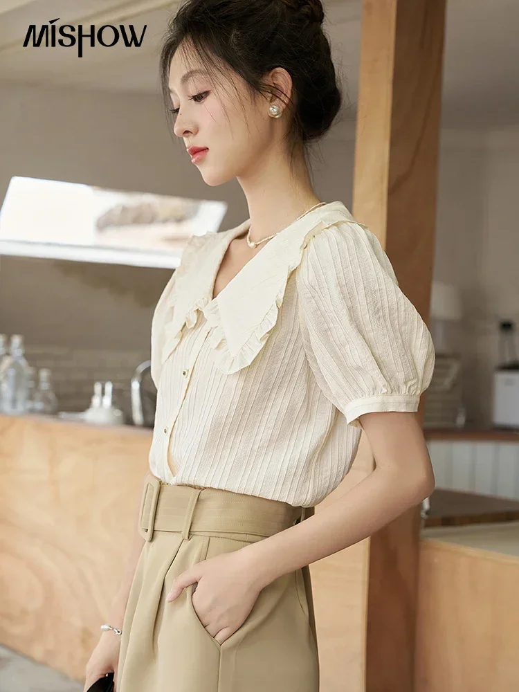 MISHOW Peter Pan Collar Short Sleeve Temperament Shirt 2023 Summer Chic French Puff Sleeve Sweet Single Breasted Top MXC38X0052