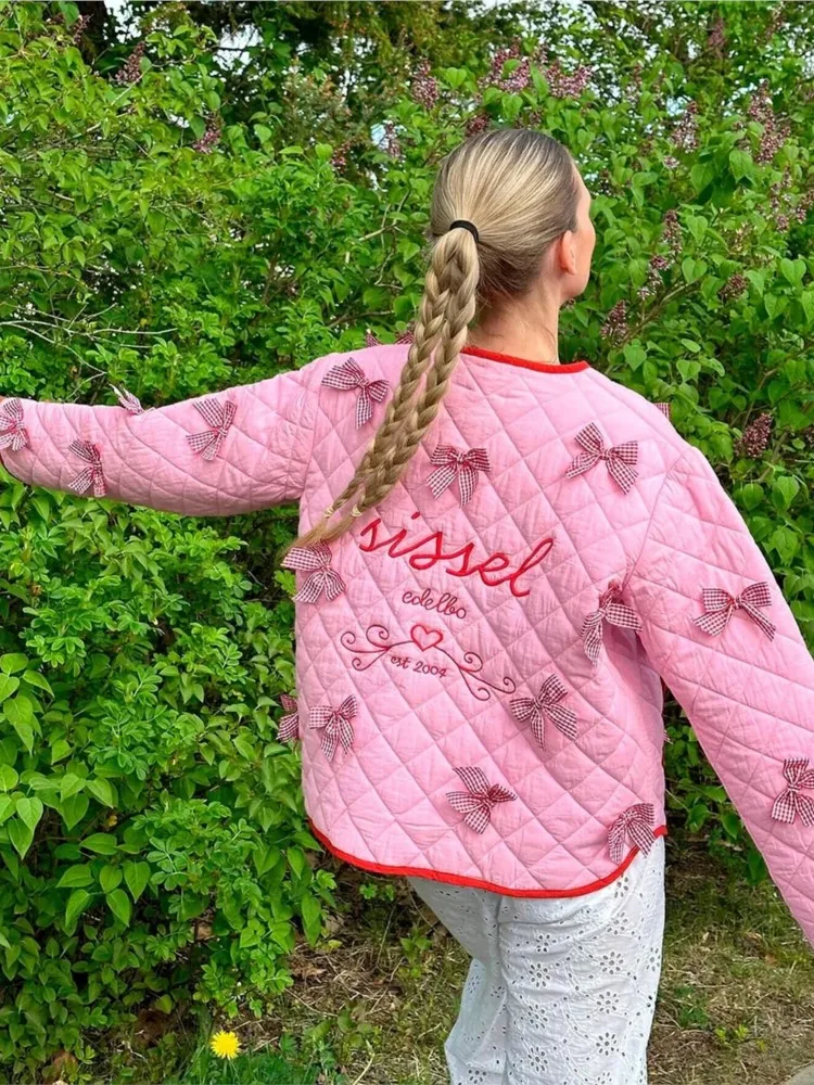 2024 New Sweet Pink 3D Bow Winter Coat Lace-up Double Pocket Fashion Quilted Cotton Jacket Autumn Chic Outwear Female Clothes
