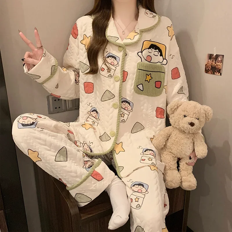 

Cute Crayon Little New Anime Women Pajamas Cartoon Printing Long-sleeved Pants Two-piece Autumn Winter Thickened Warm Homewear