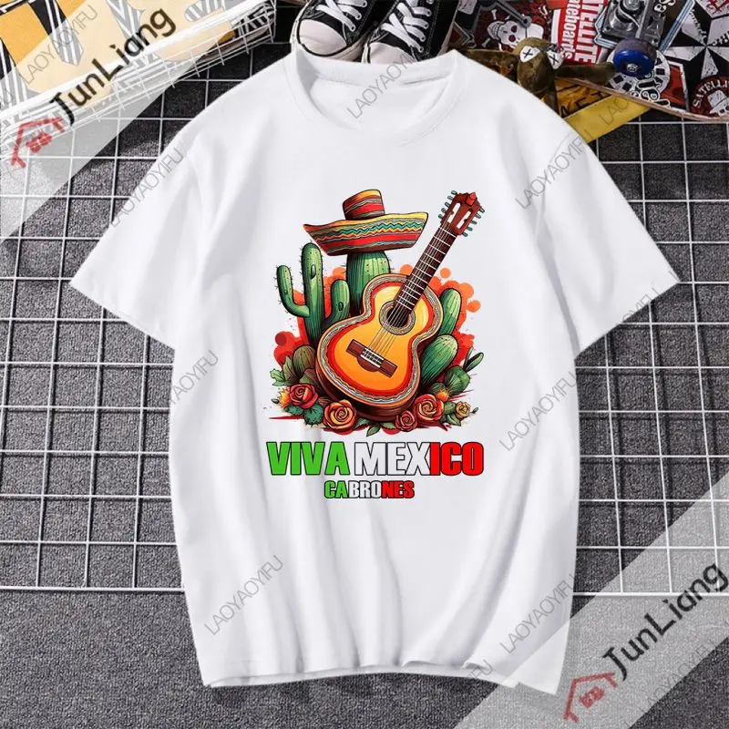 Viva Mexico Graphic T-shirt for Men And Women with Maracas Guitar Design Retro Mexican Flag Print Neutral Streetwear Casual Clot