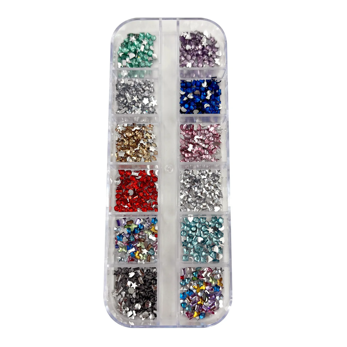 12 Grids Multiple Colors Shapes Acrylic Custom-Shaped Colored Flat-Back Rhinestones Diamonds Manicure Accessories Supply