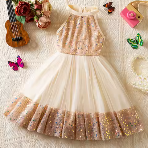 Girl's New Elegant Evening Dress Sequined Mesh Princess Birthday Party Dress Summer Children's Gauze Sleeveless For Girl Clothes