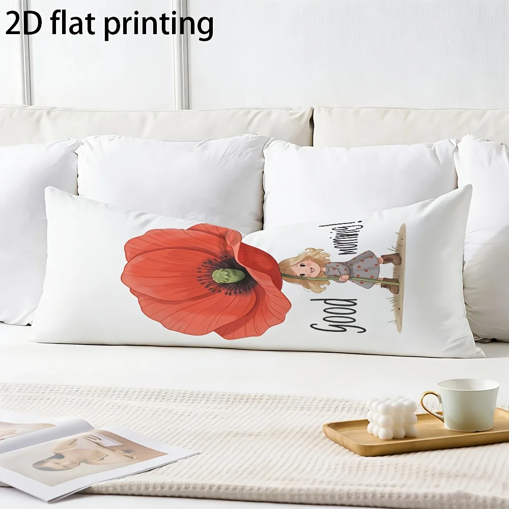 Long Pillowcase, 2D Printed Design Featuring a Little Girl Holding a Large Red Poppy Flower, Made of Durable Fabric, Full-body S