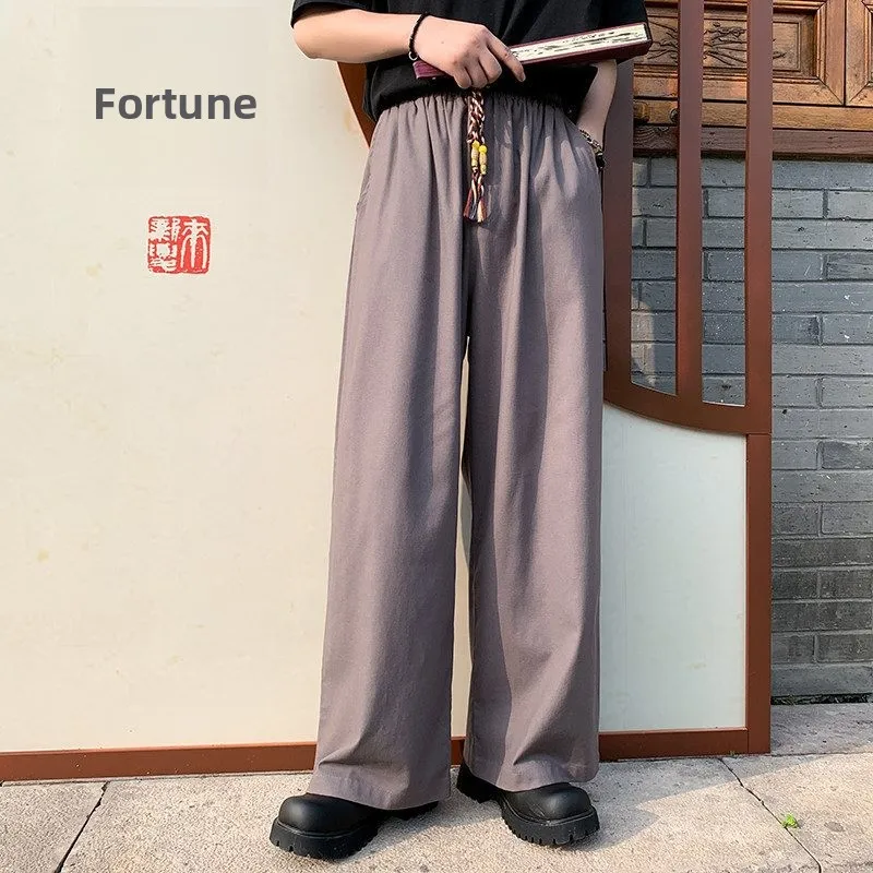 

New Chinese Sle Wide Leg Straight Tube Pants High Waist Ice Silk Cotton Linen Casual Men's Trousers K80P65 Control 78
