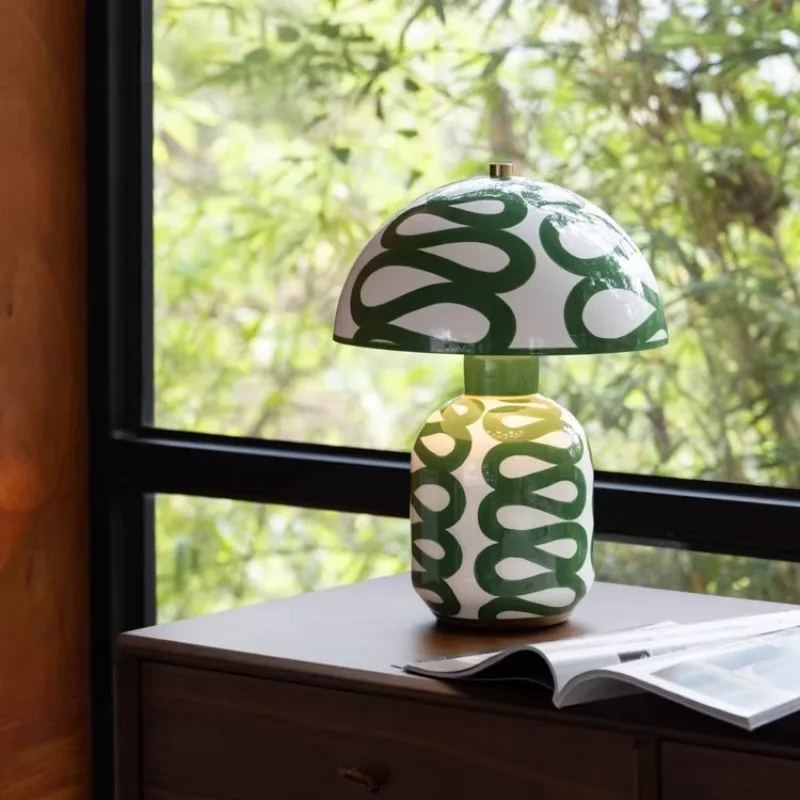 Painted pottery artist's mushroom lamp glazed green reading ambient lamp