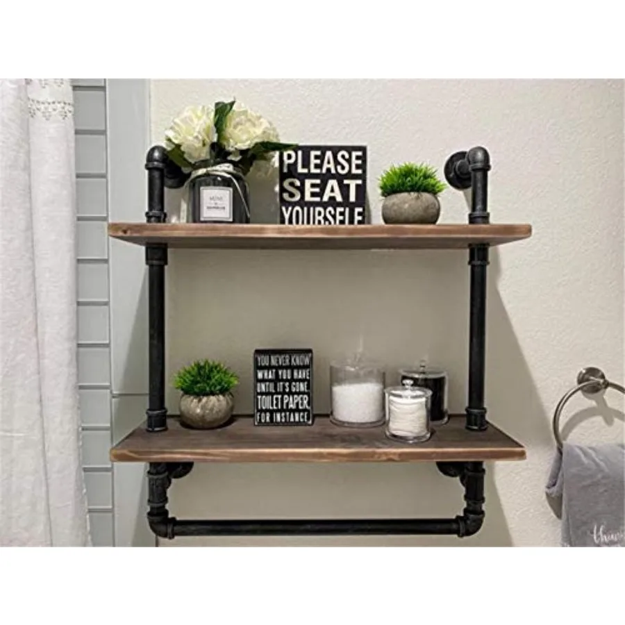 

Industrial Bathroom Shelves Wall Mounted 2 Tiered24in Pipe Shelving Wood Shelf with Towel Bar Rustic Farmhouse Towel Rack Metal