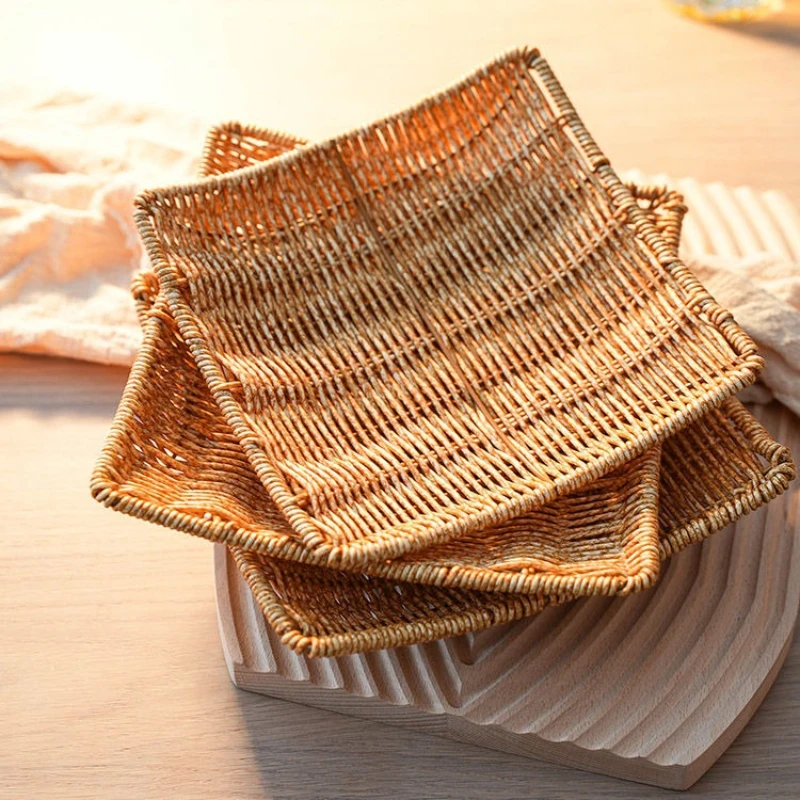 Creative Fruit Plate Imitation Rattan Woven Retro Living Room Snack Storage and Placement Square Afternoon Tea Heart Plate