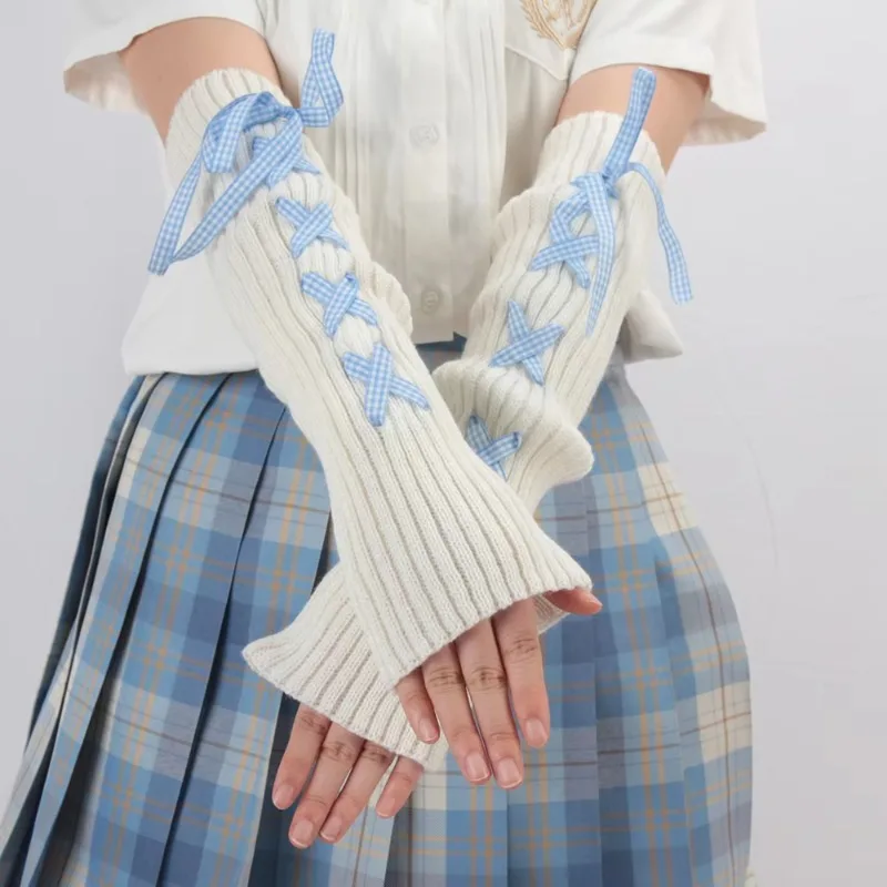 Japanese Style Female Kawaii Knitted Arm Cover for Girl Sweet Breathable Lolita Bow Half Finger Hand Sleeve Cover Leg Warmers