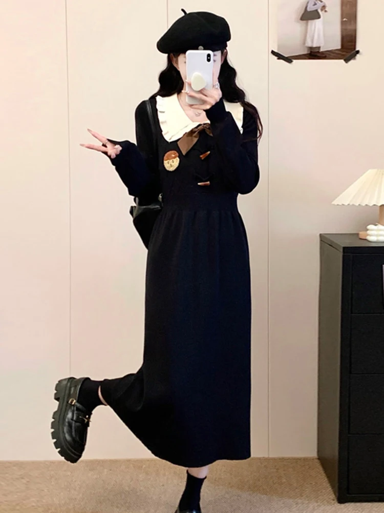 فستان نسائي كاجوال لربيع 2026 بأكمام طويلة وياقة دمية، تصميم نحيف على شكل حرف A، تنورة ضيقة متوسطة الطول أنيقة