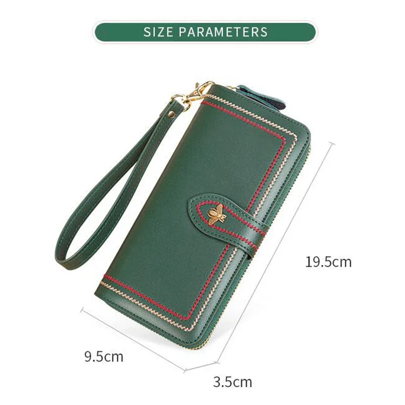 Genuine Leather Wallets Women Clutch Female Purses Long Money Bag Zipper Coin Bee Luxury Brand Wristlet Phone Hasp Card Holder view 6