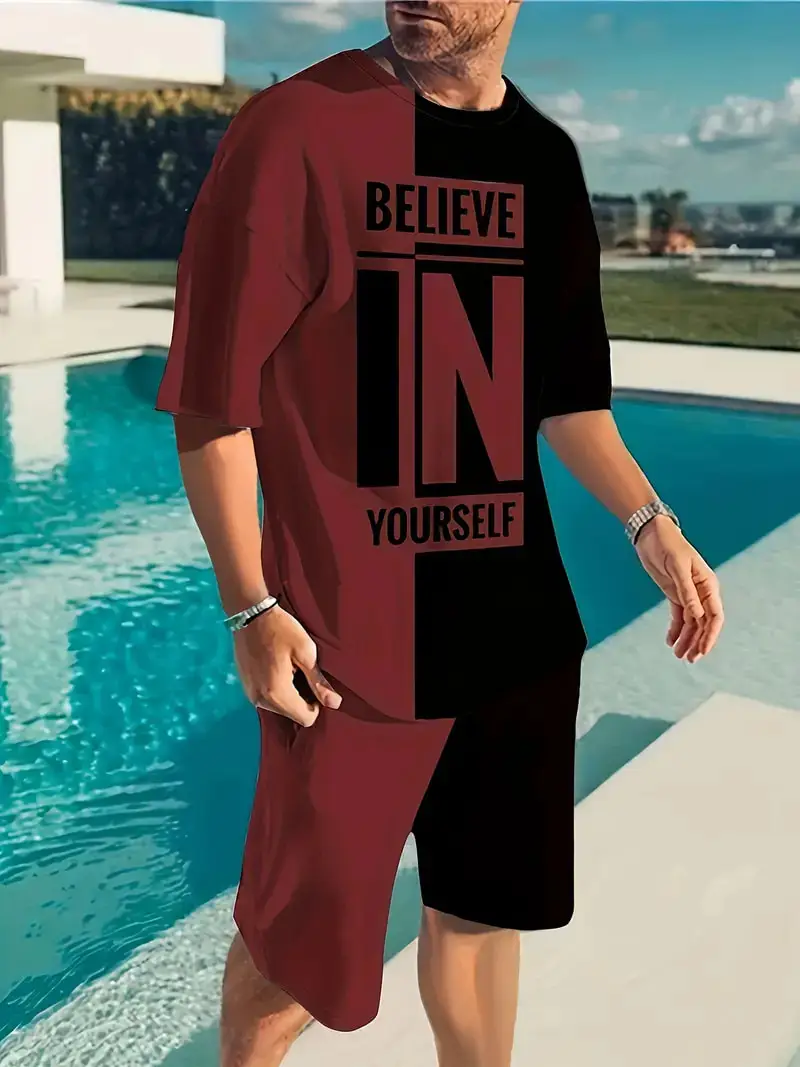 3D Believe In Yourself Printed T Shirt+Shorts 2PCS Outfits Summer Men's Casual Sport Suit Fashion Beach Short Sleeve T-shirt Set