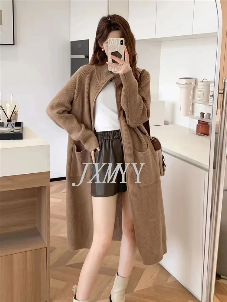 

JXMYY 2024 осень-зима модная новинка длинный Повседневный свободный свитер на молнии Платье женское вязаное пальто