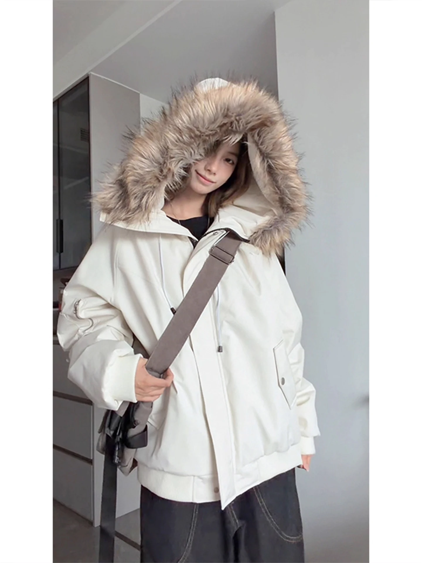 

American Sle Thiened Winter Coat Men's Cotton Jaet with Hood Large Fur Collar ort Warm Outerwear Youth Faion