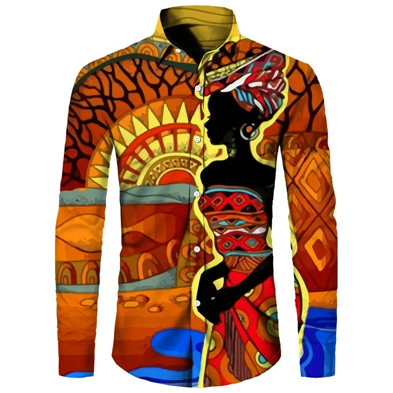 Ethnic Style African Girl 3D Print Long Sleeve Button Shirts For Men Women Dashiki Folk Custom Vintage Tops Couple Clothes Shirt