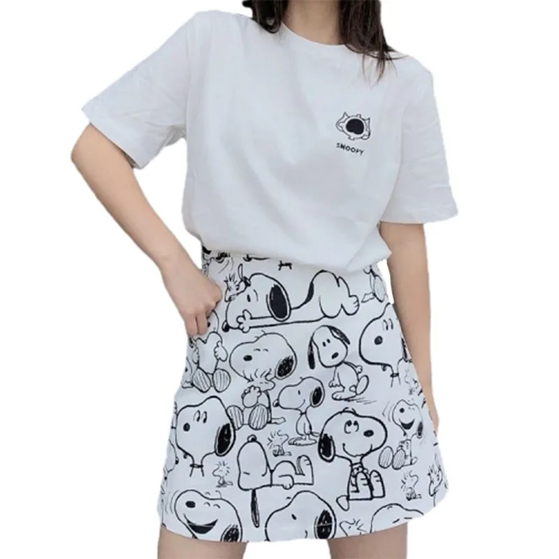 Fashion Snoopy Kawaii A-line Skirt Sweet Girls All-match High Waist Slim Half-length Summer Dress Y2K Casual Short Sleeves Gifts