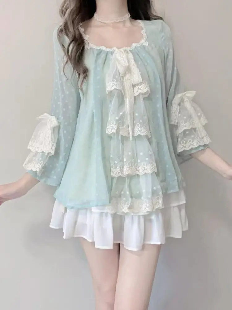 Spring French Elegant 2 Piece Sets Women Casual Y2k Blouse + mini skirts 2000s american Outfits Japanese Kawaii Vintage Suits