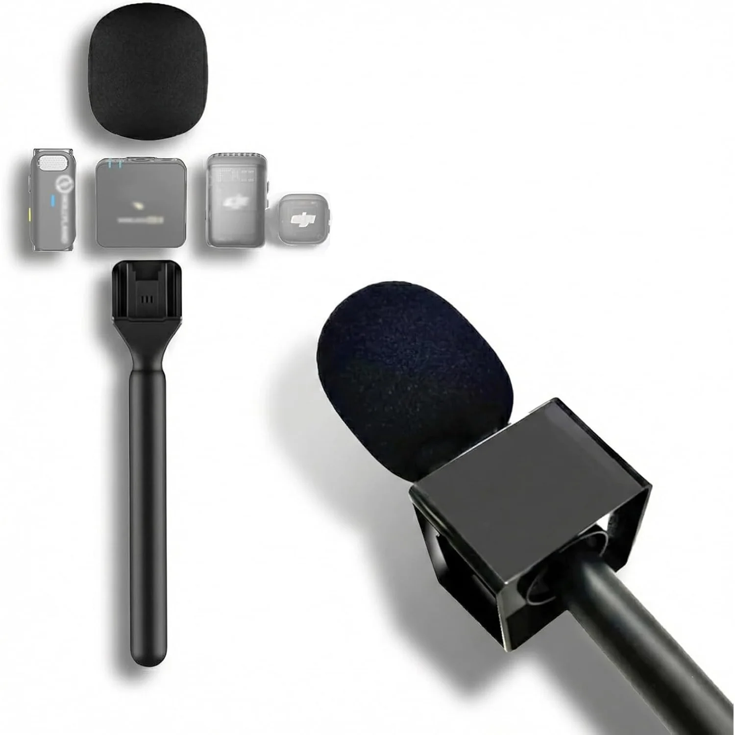 Handheld Microphone Grip Kit Portable for Mini Clip Mic Lightweight Handle Adapter Foam Cover for Vlog Interview Street Outdoor