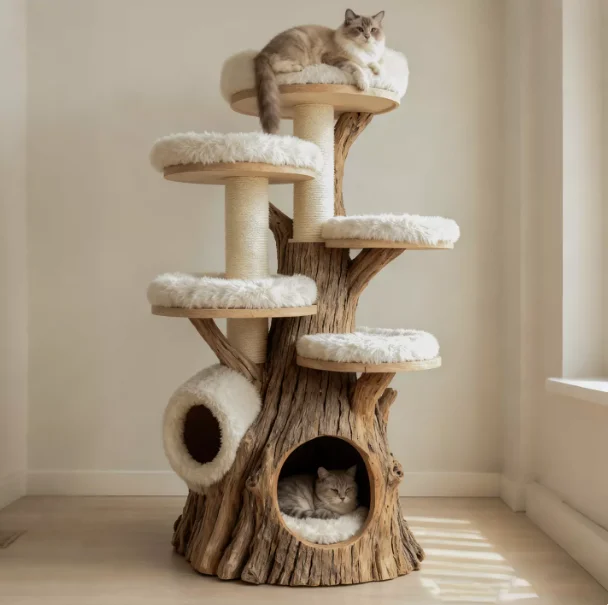 Luxury Wooden Cat Tree Tower with Large Perch and Tree Hole Bed-Eco-Friendly Durable Indoor Cat Furniture