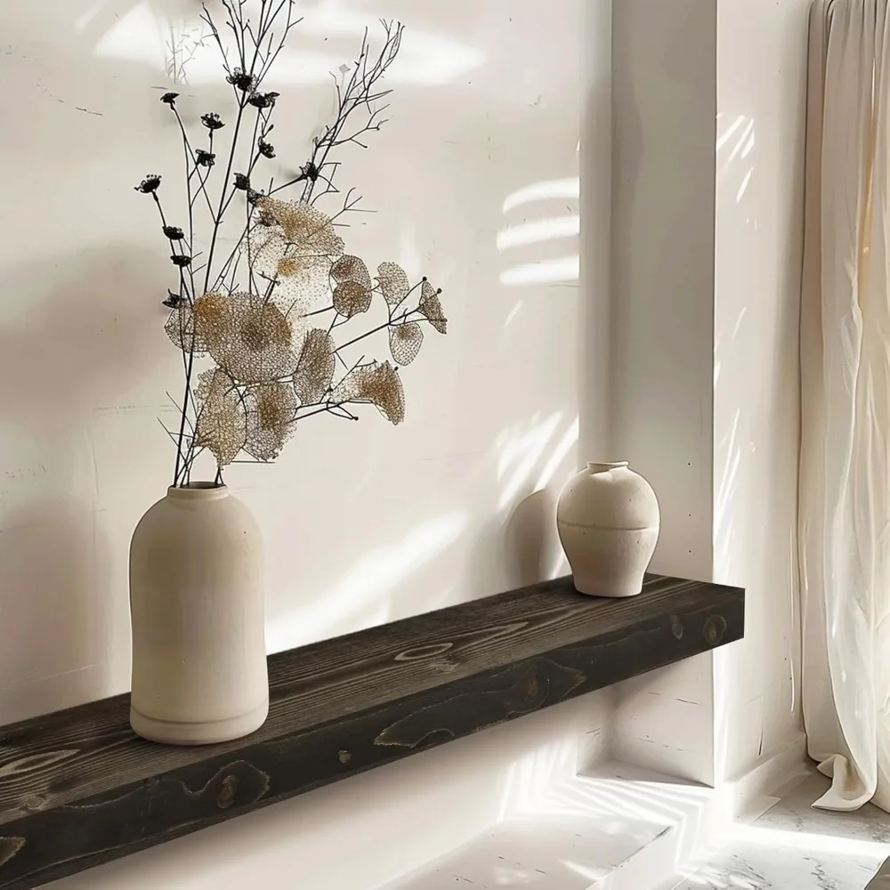 60 Rak Kayu Rustic dengan Braket Tersembunyi, 3 Lapis Tebal, Dekorasi Dinding Hitam