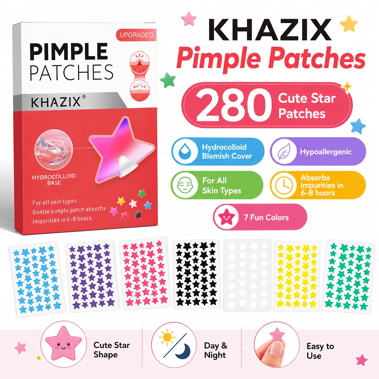 280pcs Star Pimple Patches, 7 Colors Hydrocolloid Acne Spot Stickers, Cute Waterproof Blemish Cover Patches for Face, Day & Nigh view 5