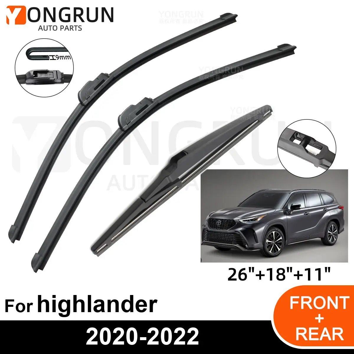 

3PCS Car Wiper for Toyota highlander 2020-2022 Front Rear Windshield Windscreen Wiper Blade Rubber Accessories 26" 18" 11"