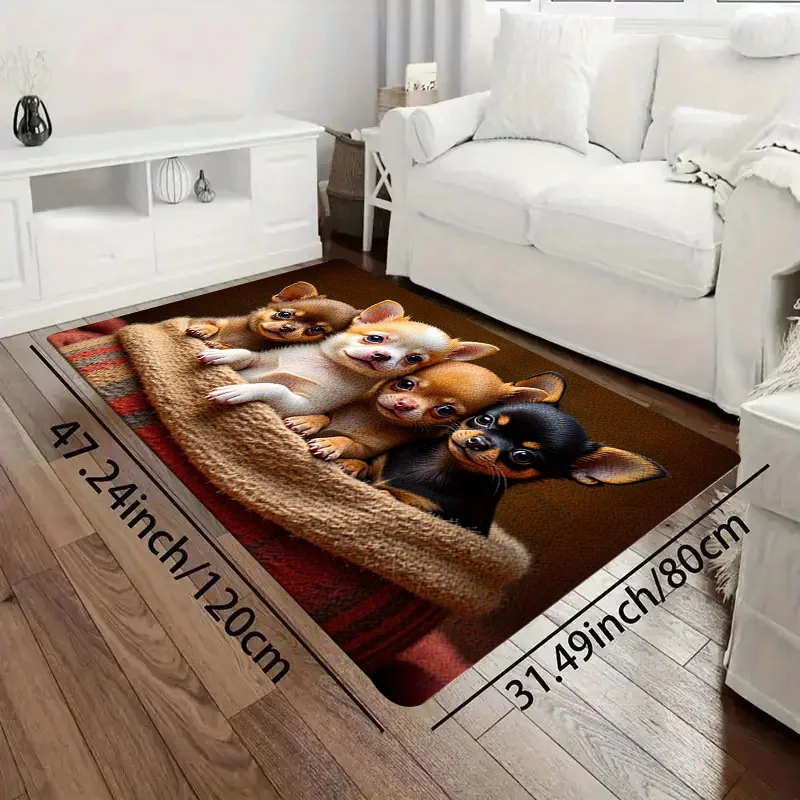 2D Flat Cute Chihuahua Puppies Flannel Area Rug Non Slip Pet Lover Carpet for Living Room Bedroom Kids Room Decor