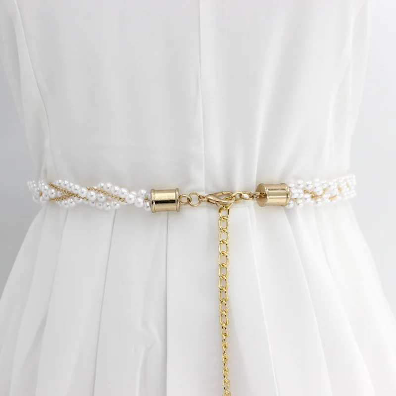 

The Skirt Belt Beaded Hooks Female Waist Chain Korean Version of The Sweet Fashion Pearl Decoration Metal Belt