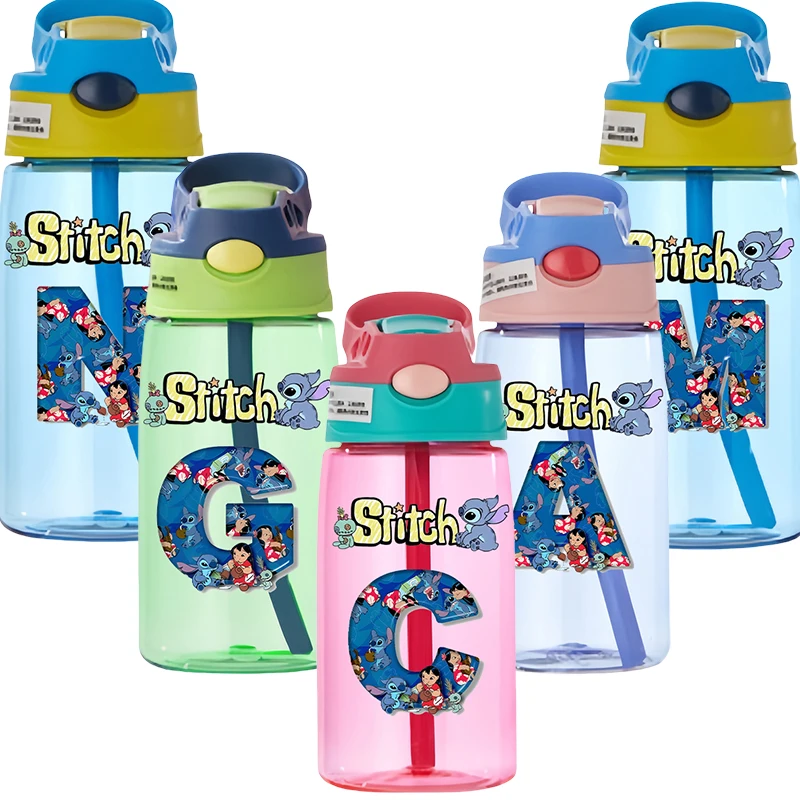 480ml Anime Stitch Letter Cartoon Pattern Outdoor Drinking Bottle with Straw Kawaii Portable Water Bottle Drinkware Gifts Toys