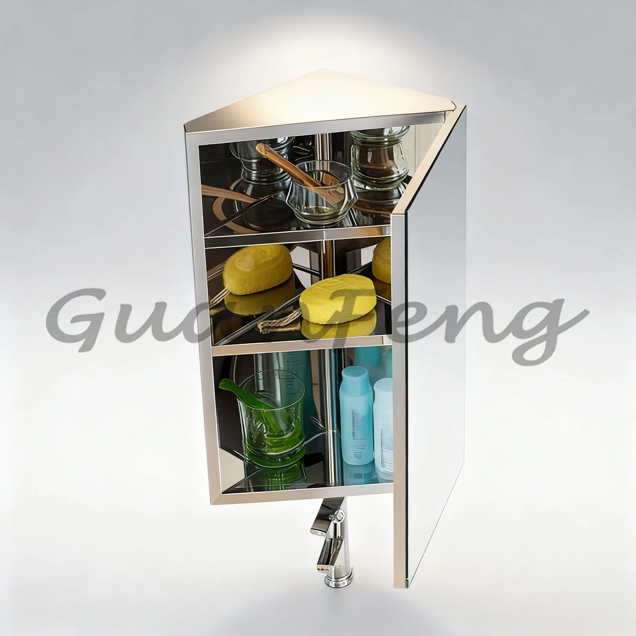 Wall Mounted Triangular Corner Mirror Cabinet, Stainless Steel 3-Tier Storage Cabinet, Modern Simple Bathroom Organizer