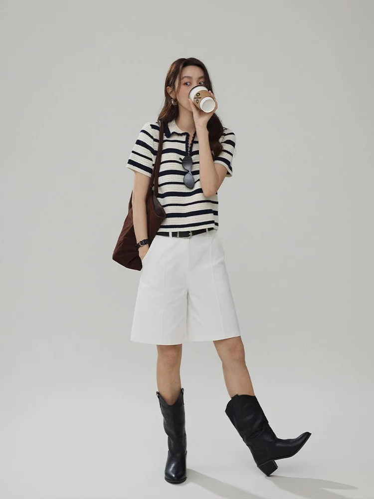 New Advanced Color Block Stripe Short Sleeve Knitted Neck T-Shirt Women Summer Vintage Hook Flower Straight Tube Top