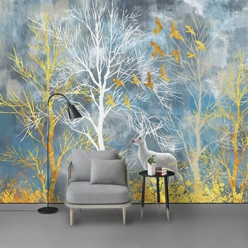 

Скандинавский золотой лес, лось, живописный зал, телевизор, роскошное украшение для дома, фон для спальни, стена
