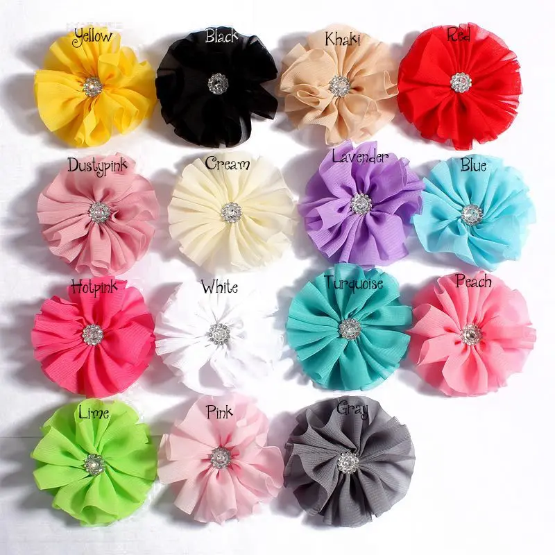 10pcs/lot)6.5CM 14 Colors Handmade Chic Chiffon Flowers Solid Ballerina Blossom Scalloped Flowers With Rhinestone Button Center